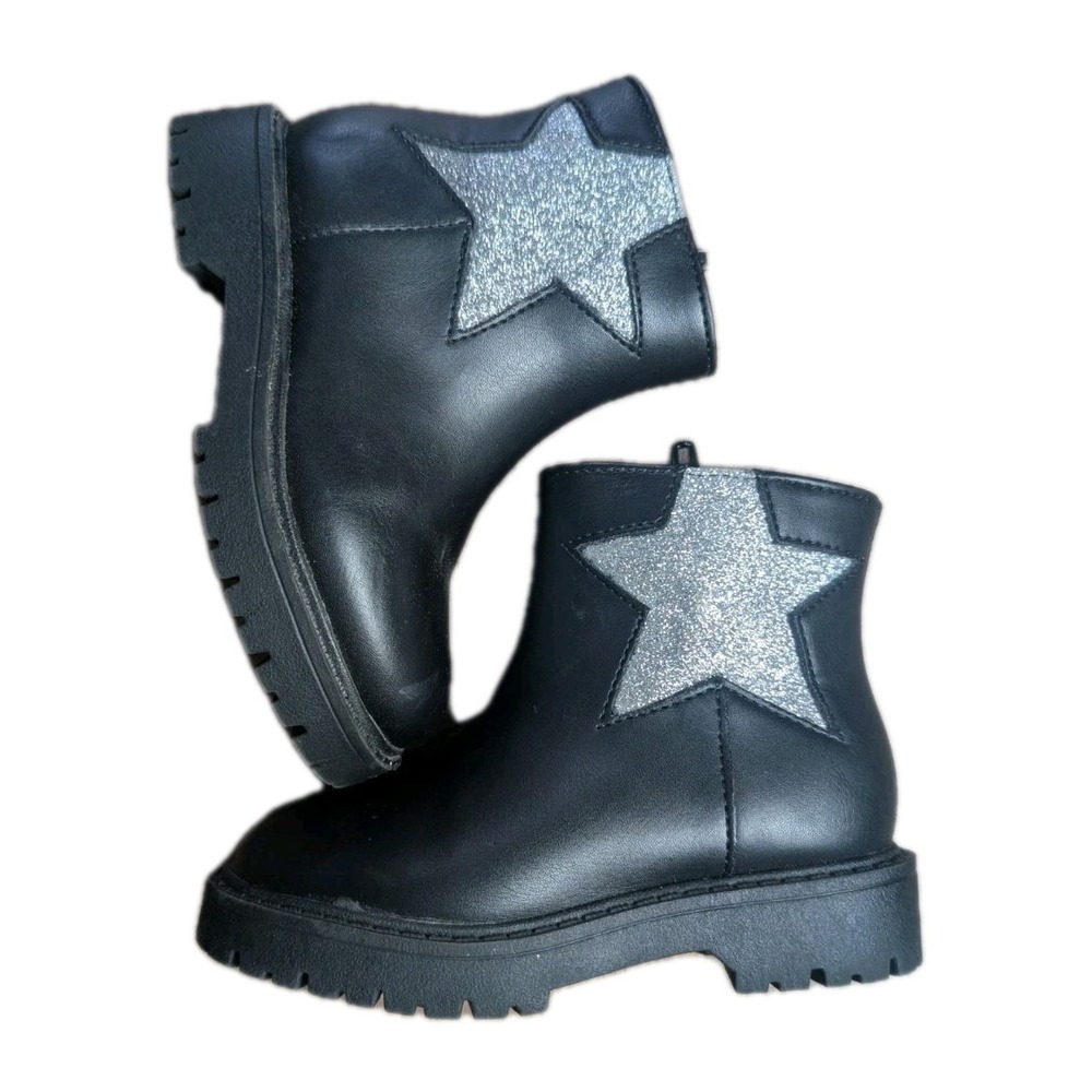 Wonder Nation Girls Black Glitter Star Ankle Boots Size 7 Toddler Lug Sole Zip